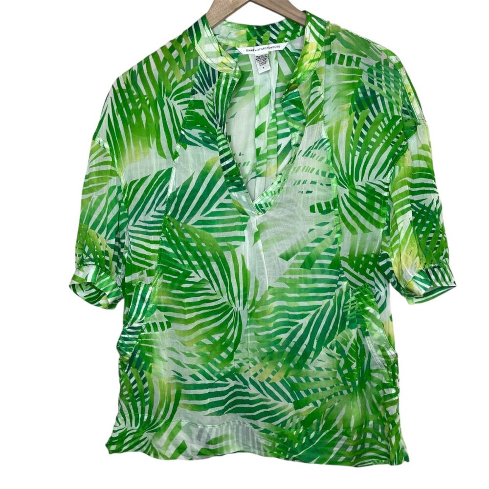 Diane Von Furstenberg Green Palm Leaf Tropical Print Blouse Size 4 Cotton Silk